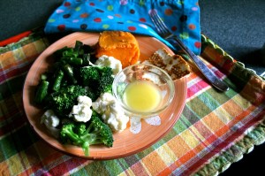Today's lunch: steamed broccoli and cauliflower with butter, asparagus sauteéd in olive oil, baked sweet potato and fried paneer.